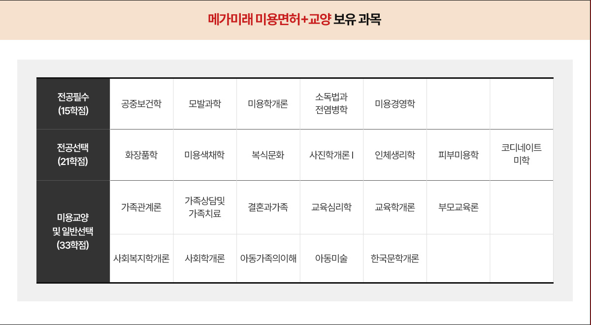 메가미래 미용면허+교양 보유 과목